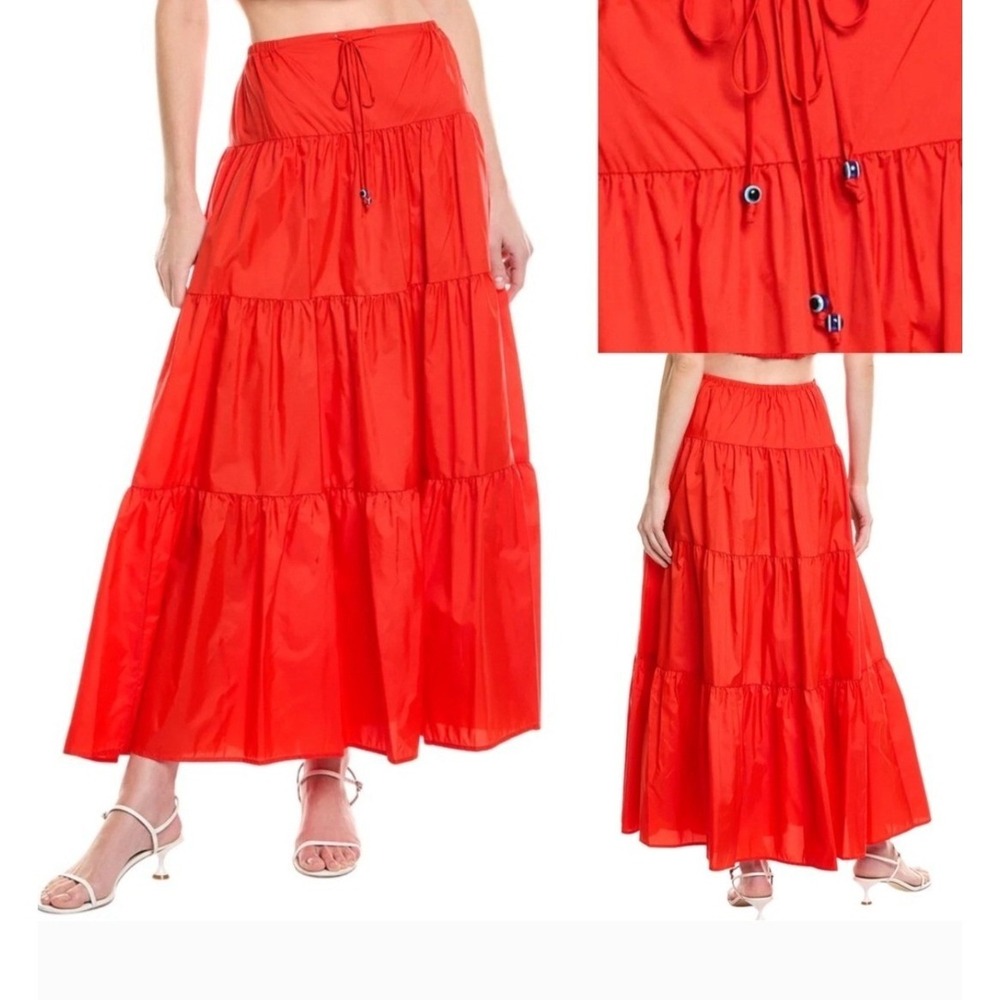 New Two-Piece Set Crop Top & Maxi Skirt Tiered Lg Red Boho Chic Vacation Staud - Picture 9 of 16